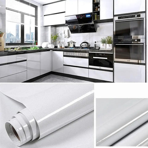 Shiny White Glossy Self Adhesive Removable Wallpaper 15.8 by 78.7 Inches Waterproof Vinyl in a modern kitchen setting