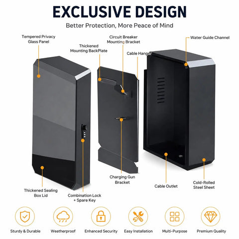 Tough as Nails EV Charger Enclosure Outdoor Pedestal with tempered glass panel, combination lock, and steel construction.