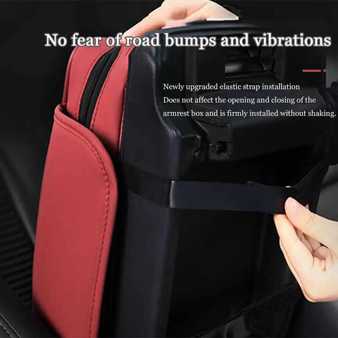 Premium Waterproof PU Leather Center Console Armrest Booster Cushion Pad Fit For Tesla Cybertruck 2025 showing elastic strap installation.