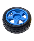 Four Pack 65mm Motor Wheels For Smart Car Chassis And RC Robots Light Blue ABS Rubber Build, shown in close-up.