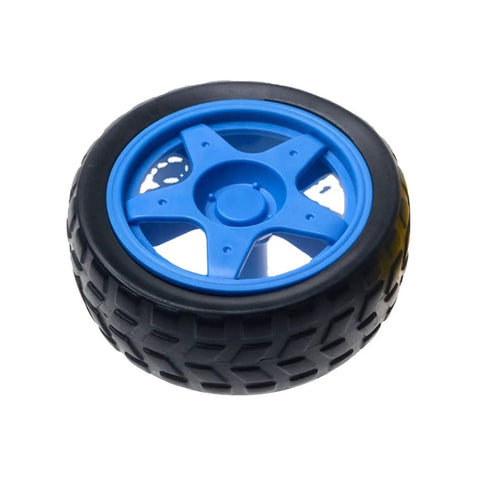 Four Pack 65mm Motor Wheels For Smart Car Chassis And RC Robots Light Blue ABS Rubber Build, shown in close-up.