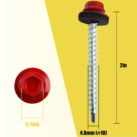 Red Hex Head Self Drilling Roofing Screws For Wood And Sheet Metal, 2in length, #10 size, with EPDM washer and colored head