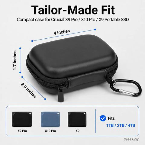 Carrying Case For Crucial X10 X9 Pro Portable SSD Box Only Travel Hard Storage Bag Black with Carabiner, Dimensions Shown