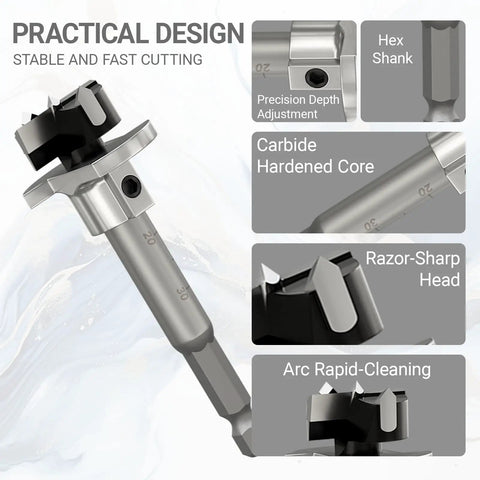Professional Forstner Drill Bit Set Wicked Sharp Heat Treated Carbon Steel Boring Bits close-up of carbide core and razor-sharp head
