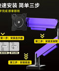 Rock Solid Gas Spring Monitor Stand Base Featuring Slick Height Adjustable Monitor Arms in purple, showing adjustable mount installation steps.