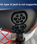 J1772 To Tesla Adapter Level 1 Level 2 EV Charger showing incompatible jack connection with red cross mark.