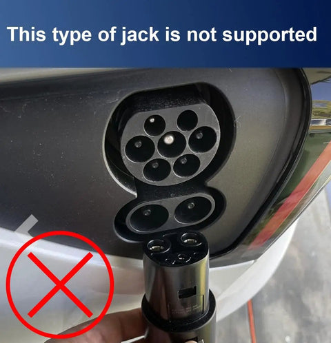 J1772 To Tesla Adapter Level 1 Level 2 EV Charger showing incompatible jack connection with red cross mark.