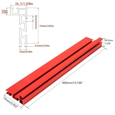 Built Tough Aluminum T Track Table Fence System With Laser Measure, 400mm x 75mm size, viewed from the side with measurements.