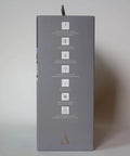 Side view of V Series Wall Power Four Outlet Surge Protector With 3000 Joules, showing packaging details and features icons.