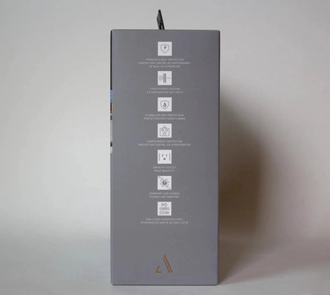 Side view of V Series Wall Power Four Outlet Surge Protector With 3000 Joules, showing packaging details and features icons.