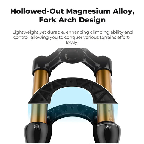 Hollowed-out design on MTB Air Suspension Fork With 120mm Travel, 32mm Stanchions, lightweight magnesium alloy