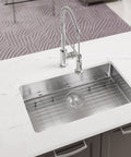 Overhead view of single bowl stainless steel kitchen sink with three quarter inch radius corners, 18 gauge 304 grade steel, noise dampening.