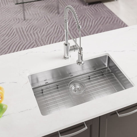 Overhead view of single bowl stainless steel kitchen sink with three quarter inch radius corners, 18 gauge 304 grade steel, noise dampening.