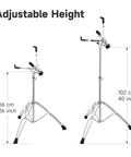 Ultimate Tall Snare Drum Stand With Stick Holder For Kids And Adults Adjustable Height From 26 To 40 Inches Double Braced Stability Fits 10-14 Inch drums shown with height settings.