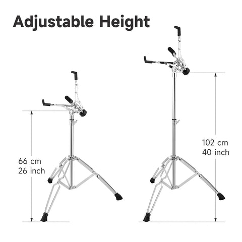 Ultimate Tall Snare Drum Stand With Stick Holder For Kids And Adults Adjustable Height From 26 To 40 Inches Double Braced Stability Fits 10-14 Inch drums shown with height settings.