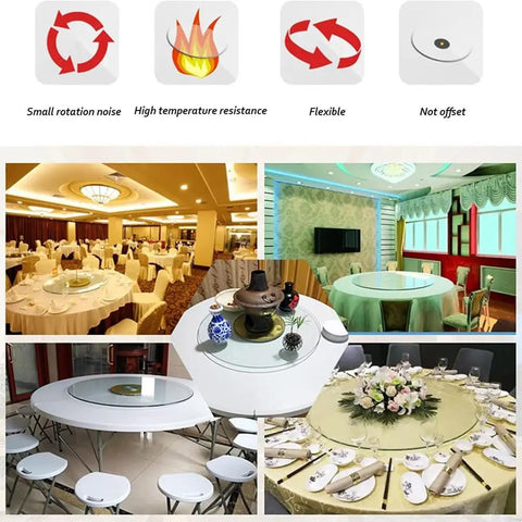 Images of Big Glass Lazy Susan Rotating Turntable For Dining Table Display in various dining setups, highlighting design and usage.