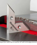 Angled side view of Woodpeckers DeadNutz 3-1/2 in stainless steel machinist square for table saw alignment.