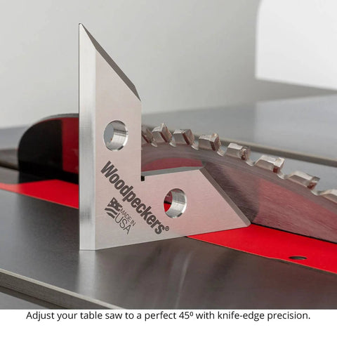 Angled side view of Woodpeckers DeadNutz 3-1/2 in stainless steel machinist square for table saw alignment.