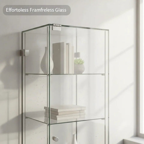 Easy Install Frameless Glass Door Hinges No Drill Clamp On Pivot Hardware for Shower Enclosures and Cabinet Doors in use.