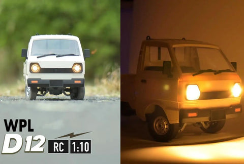 WPL D12 RC Car One To Ten Scale Drift Ready To Run Off Road Crawler with LED lights at dusk