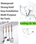Heavy Duty No Drill Adhesive Wall Hooks 13Lb Load, Transparent Waterproof Hooks For Bathroom And Kitchen shown holding utensils