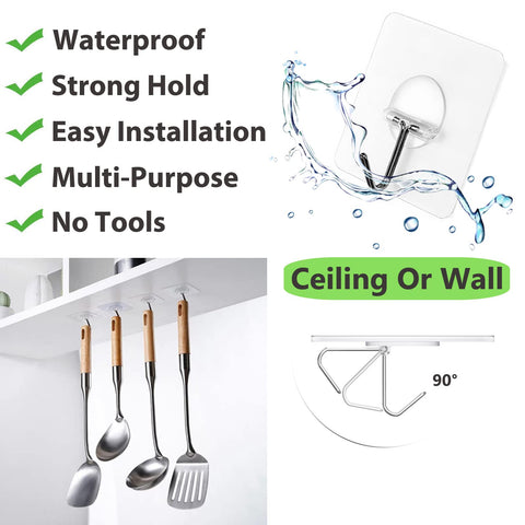 Heavy Duty No Drill Adhesive Wall Hooks 13Lb Load, Transparent Waterproof Hooks For Bathroom And Kitchen shown holding utensils