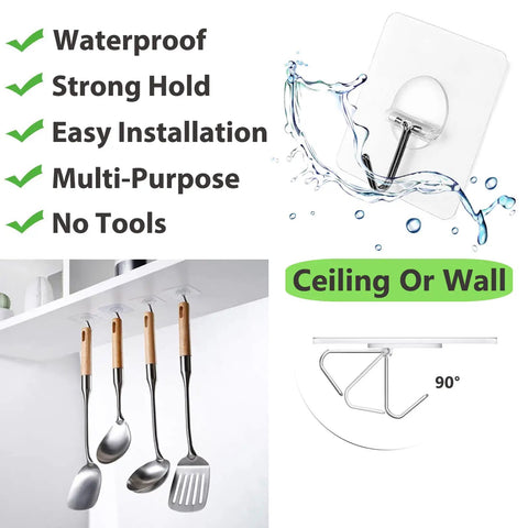 Heavy Duty Adhesive Wall Hooks 13Lb No Drill Transparent Waterproof; hooks holding kitchen utensils under cabinet