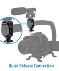 Scorpion Accessory Wing And Shoe Kit for camera rigs showing quick release connection on mount with microphone setup