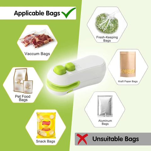 Rechargeable 2 In 1 Bag Sealer With Cutter, Portable Handheld Food Sealer For Kitchen next to applicable and unsuitable bags