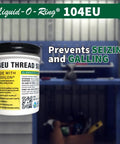 104EU Big Ol Thread Sealant For Large Threaded Connections Safe On Plastic And Metal High Pressure Water Repellent Sealant Made In The USA 5 Oz Brush Top Can displayed in a workshop setting with product label visible.