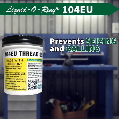 104EU Big Ol Thread Sealant For Large Threaded Connections Safe On Plastic And Metal High Pressure Water Repellent Sealant Made In The USA 5 Oz Brush Top Can displayed in a workshop setting with product label visible.