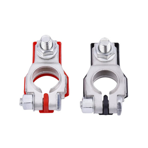 Rock Solid Battery Terminal Connectors One Pair Positive And Negative Top Post Design showcasing galvanized cooper clamps with plastic bases.