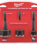 Self Feed Bit Kit Three Bit Set For Clean Holes Heat Treated Alloy Drill Bits packaging with bit sizes 2-9/16", 2", and 1-1/2"