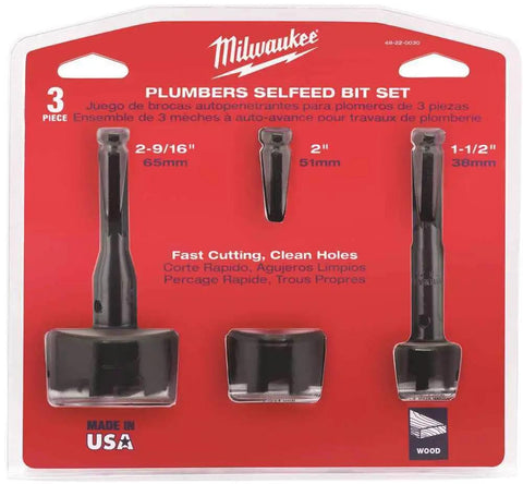 Self Feed Bit Kit Three Bit Set For Clean Holes Heat Treated Alloy Drill Bits packaging with bit sizes 2-9/16", 2", and 1-1/2"