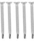 Close-up of five 304 Stainless Cross Countersunk Head Screws With Fine Thread 50mm Drill Screws for furniture repairs