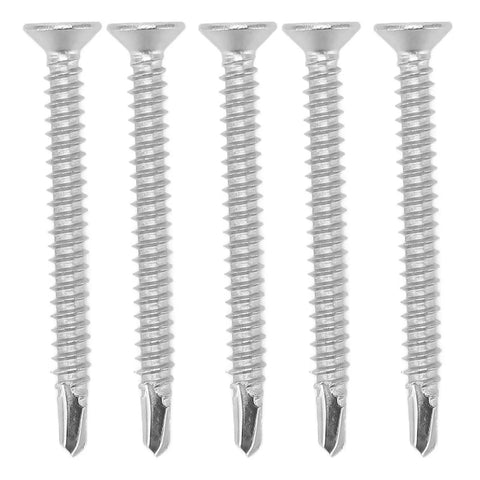 Close-up of five 304 Stainless Cross Countersunk Head Screws With Fine Thread 50mm Drill Screws for furniture repairs