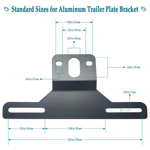 Diagram of Trailer License Plate Bracket Holder For ATV RV Boat Jet Ski PWC Snowmobile Aluminum Mounting Kit with measurements.