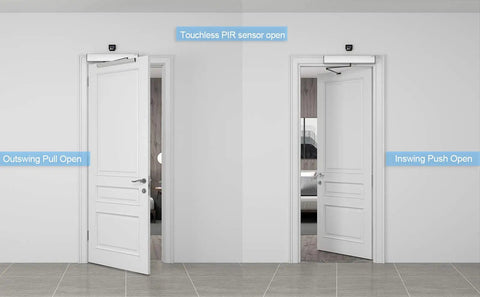 Touchless Exterior Door Opener Kit With Dual Motion Sensors Black No Touch Convenience Adjustable Opening And Closing Force Safe Auto Reopen For True Hands Free Entry On Exterior Doors Easy Install And Low Contact Access. White exterior door shown outswing and inswing