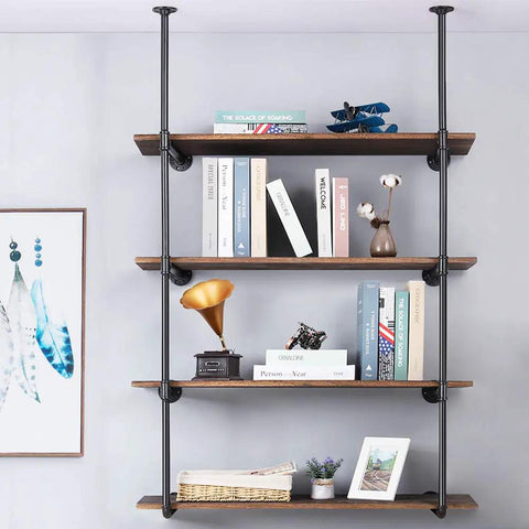 Industrial Style Wall Mount Pipe Shelf Kit Black 4 Tier Open Bookshelf DIY Iron Pipe Shelving System Two Pack in home setup