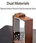 Handcrafted Solid Wood Coffee Bean Jar With Reliable One Way Degassing Valve And Heavy Duty Rubber Seal Keeps Your Daily Grind Fresh As Heck And Ready For Brewing On The Kitchen Counter showing walnut wood and borosilicate glass materials.