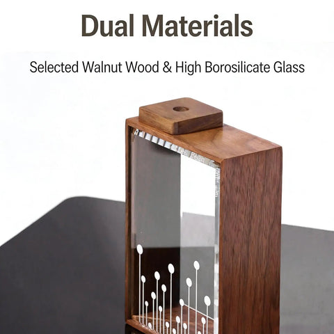 Handcrafted Solid Wood Coffee Bean Jar With Reliable One Way Degassing Valve And Heavy Duty Rubber Seal Keeps Your Daily Grind Fresh As Heck And Ready For Brewing On The Kitchen Counter showing walnut wood and borosilicate glass materials.