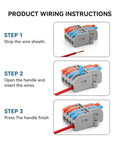 Get This Compact Mini Push In Wire Splitter Terminal Block For Easy Tool Free Splicing Of Solid Stranded And Flexible Copper Wires In Your Home Electrical Or Lighting Projects With Flame Retardant Pa66 Housing And Secure Tin Plated Contacts Rated For wiring steps showing stripped wire insertion and clamp closure