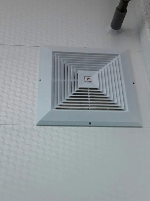 Reinforced Plastic Return Air Grille For Sidewall Or Ceiling Vents, 11.8 X 11.8 Inches, mounted on a white ceiling, HVAC diffuser.