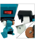 Cordless 200W Electric Bench Grinder With Dual Polishing Wheels For Razor Sharp Knives And Metal Fabrication Battery Powered Heavy Duty Weekend Warrior Multitask Shop Tool showcasing dual polishing wheels and power switch.