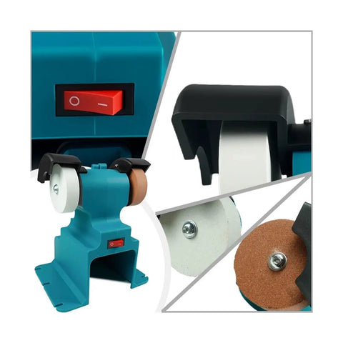 Cordless 200W Electric Bench Grinder With Dual Polishing Wheels For Razor Sharp Knives And Metal Fabrication Battery Powered Heavy Duty Weekend Warrior Multitask Shop Tool showcasing dual polishing wheels and power switch.