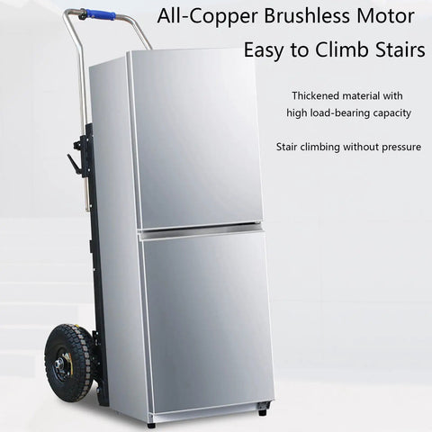 Heavy Duty Electric Stair Climbing Hand Truck That Actually Crushes Any Load With Ease For Heavy Furniture Moving And Sturdy Aerospace Steel Built To Handle Up to 882 Pounds Like A Champ Every Single Time, featuring a metal frame and copper motor.