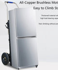 Heavy Duty Electric Stair Climbing Hand Truck With Aerospace Steel Frame For 880 Lb Loads, moving a refrigerator up stairs.