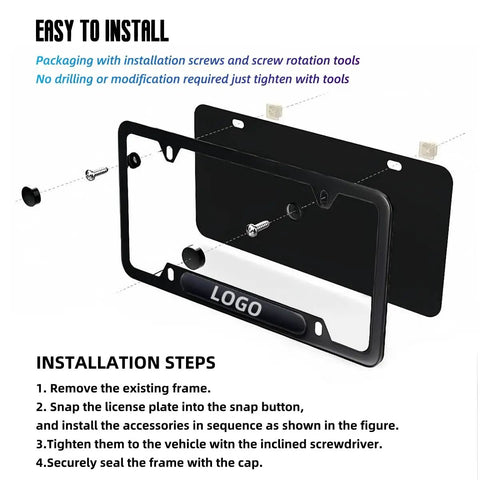 Easy installation guide for Tough As Nails Black Aluminum License Plate Frames and Covers Kit Built To Last with screws and frame layout.