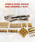 JZWELD hose repair kit with crimper and numerous brass fittings for 1/4 inch ID torch hoses top view
