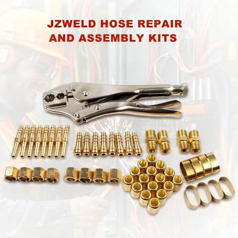 JZWELD hose repair kit with crimper and numerous brass fittings for 1/4 inch ID torch hoses top view